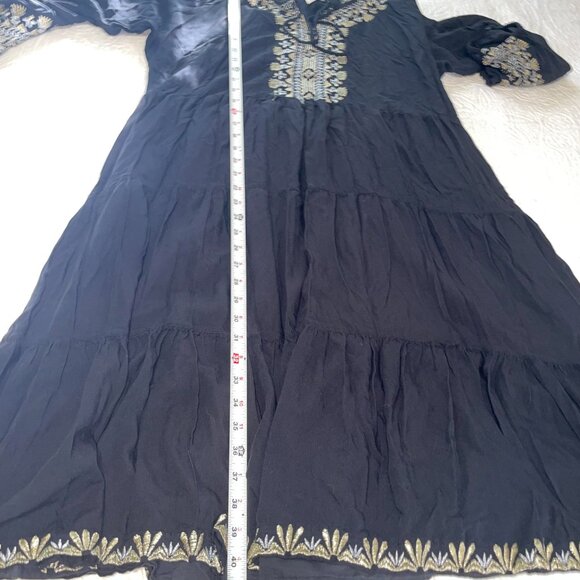 Rachel Zoe Black Gold Silver Embroidered Long Sleeved Dress Swim Coverup Size L - Picture 10 of 10